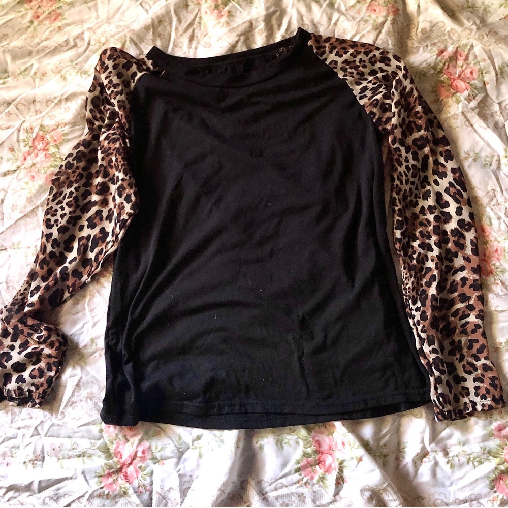 Black and Cheetah Print Long Sleeve T Shirt